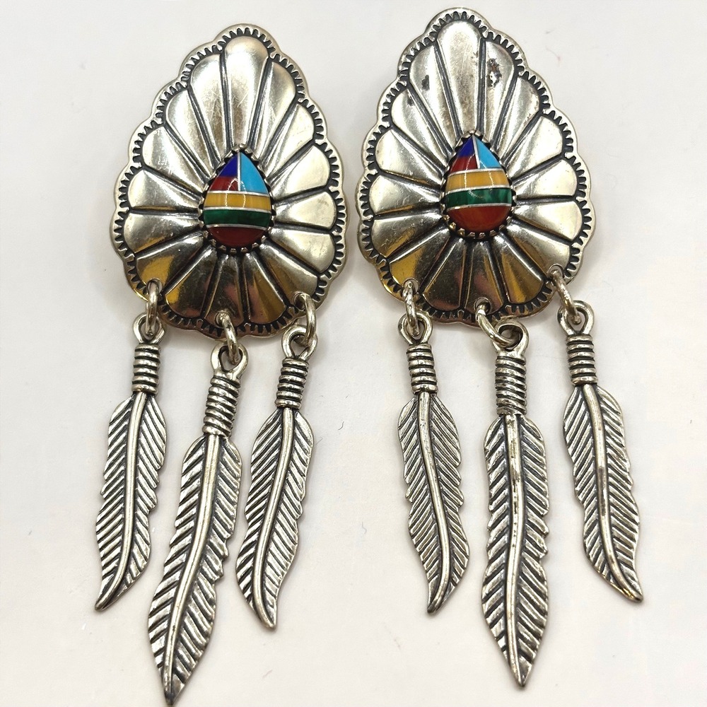 VTG Signed Wheeler South Dakota Inlaid 925 Sterling Shield and Feather Earrings